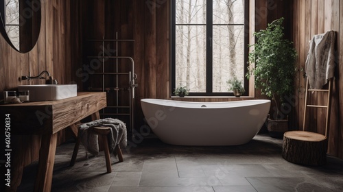 Interior of modern bathroom with wooden walls  tiled floor  comfortable white bathtub and wooden bathtub. Rustic style. Created with generative AI.