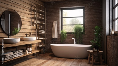 Modern bathroom interior with wooden walls  wooden floor  comfortable white bathtub and shelves with towels. Rustic style. Created with generative AI.