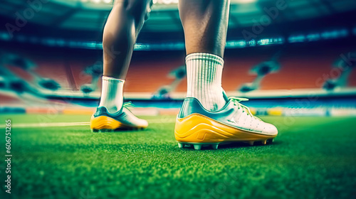 Athlete's feet in soccer shoes on grass field. Postproducted generative AI illustration.