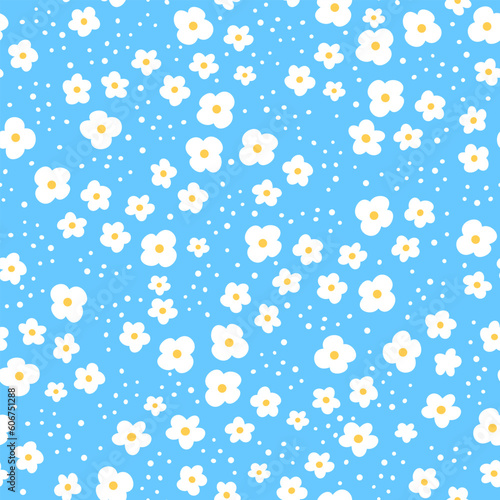 Cute vector pattern. White daisies on a blue background. Cheerful children's background 