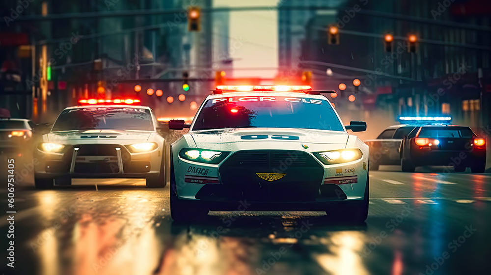 Police car chase through the streets of a city. Postproducted generative AI illustration. - obrazy, fototapety, plakaty 
