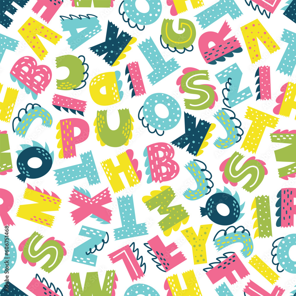 Dinosaurs Alphabet. ABC seamless vector pattern in a cute cartoon style. Perfect print for children's textiles and products Dinosaurs Alphabet. ABC seamless vector pattern in a cute cartoon style. Perfect print for children's textiles and products