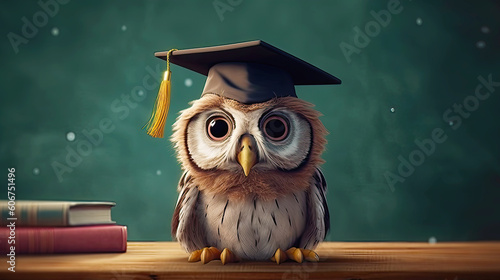 A wise owl wearing a graduation cap. Postproducted generative AI illustration. photo