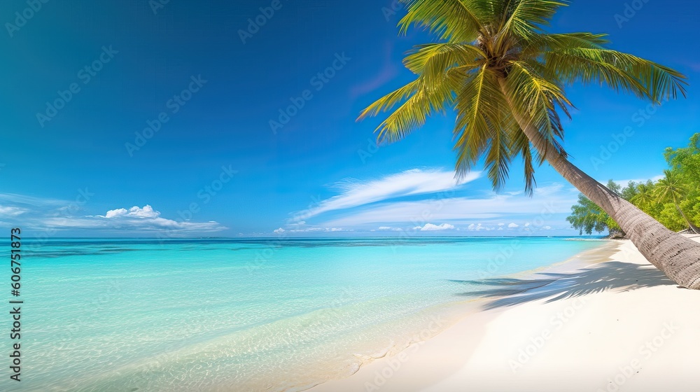 Beautiful natural tropical landscape, beach with white sand and Palm tree leaned over calm wave. Turquoise ocean on background blue sky with clouds on sunny summer day, island Maldives