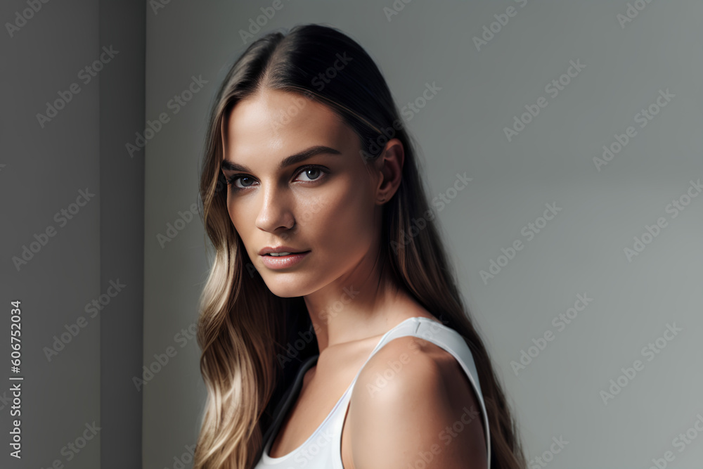 Female with long, wavy hair on natural background with mockup. Generative AI. Female with long, wavy hair on natural background with mockup. Generative AI.