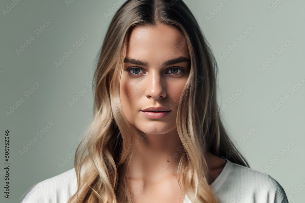 Portrait of young woman with wavy hair. Natural background with mockup. Generative AI. Portrait of young woman with wavy hair. Natural background with mockup. Generative AI.