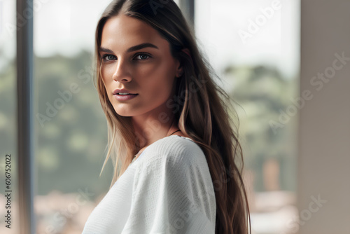 Portrait of beautiful woman with long hair looking at camera. Empty background with mockup. Generative AI.