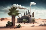 Consequences of a large number of factories and plants on the planet, ecological disaster , drought and cracked earth on the background of the factory, generative AI.