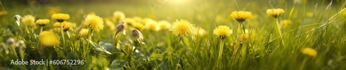 Beautiful summer natural background with yellow dandelion flowers in grass against of dawn morning. Ultra-wide panoramic landscape, banner format © Eli Berr