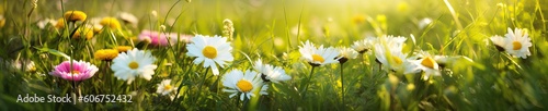 Beautiful summer natural background with yellow white flowers daisies, clovers and dandelions in grass against of dawn morning. Ultra wide panoramic landscape, banner format © Eli Berr