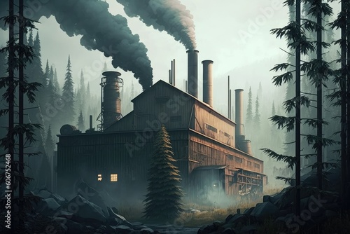 Thick and black emissions from pipes from a factory in the forest, environmental pollution, generative AI.