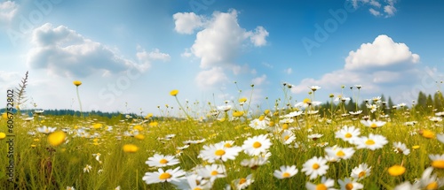 Beautiful, sun drenched spring summer meadow. Natural colorful panoramic landscape with many wild flowers of daisies against blue sky with clouds