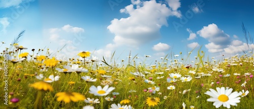 Beautiful, sun drenched spring summer meadow. Natural colorful panoramic landscape with many wild flowers of daisies against blue sky with clouds