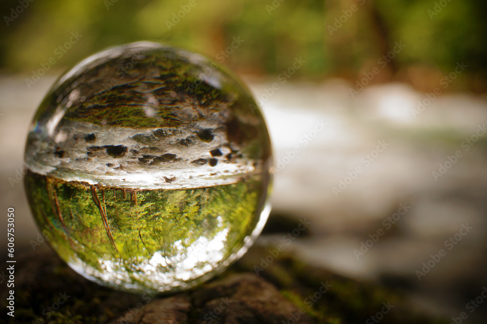 Close-up shot of a crystal ball with the upside-down reflection of forest in late winter