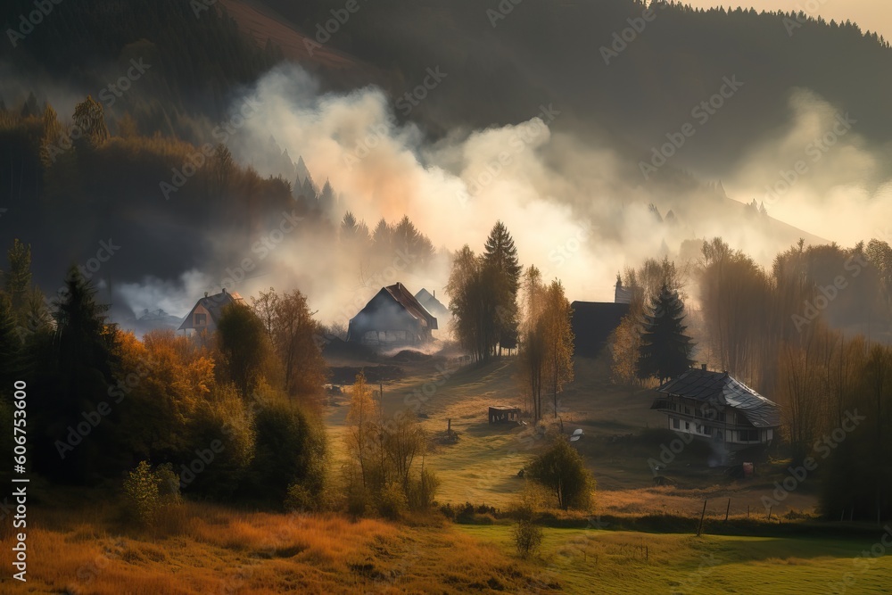 Fototapeta premium A fire in the mountains close to the village, generative AI.
