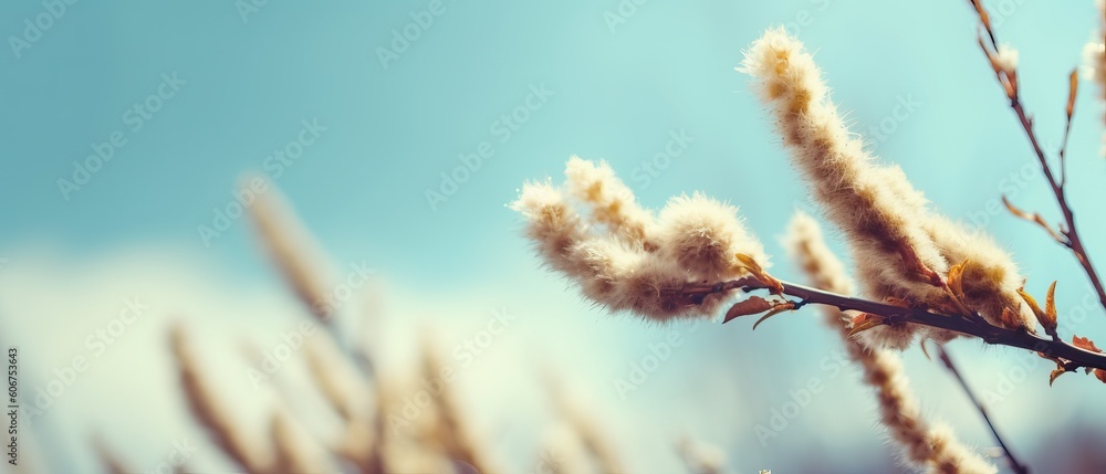Blooming fluffy willow branches in spring close-up on nature macro with soft focus on turquoise blue background sky. Vintage muted tones, copy space, ultra-wide format Blooming fluffy willow branches in spring close-up on nature macro with soft focus on turquoise blue background sky. Vintage muted tones, copy space, ultra-wide format