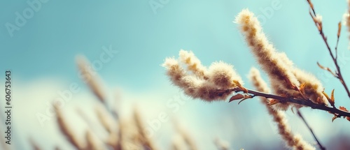 Blooming fluffy willow branches in spring close-up on nature macro with soft focus on turquoise blue background sky. Vintage muted tones, copy space, ultra-wide format