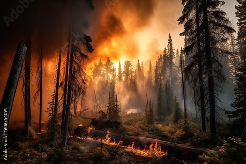 Forest fire, destruction of forest flora and fauna during fire, generative AI.