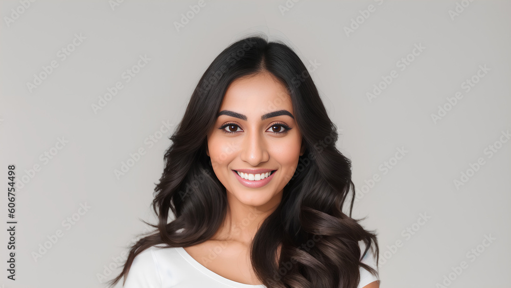 Portrait of Hindus woman with long, wavy hair looking at camera. Empty background with mockup. Generative AI. Portrait of Hindus woman with long, wavy hair looking at camera. Empty background with mockup. Generative AI.