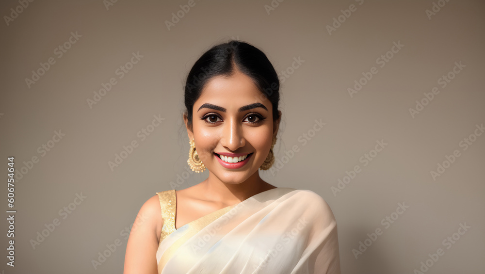 Smiling Indian female looking at camera. Isolated background with copy space. Generative AI. Smiling Indian female looking at camera. Isolated background with copy space. Generative AI.