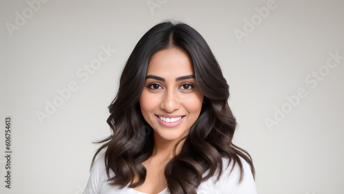 Beautiful Indian female with wavy, black hair looking at camera. Natural background with mockup. Generative AI.