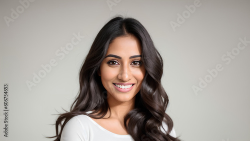 Portrait of beautiful Hindus woman with black, wavy hair. Natural background with mockup. Generative AI. © Dawid