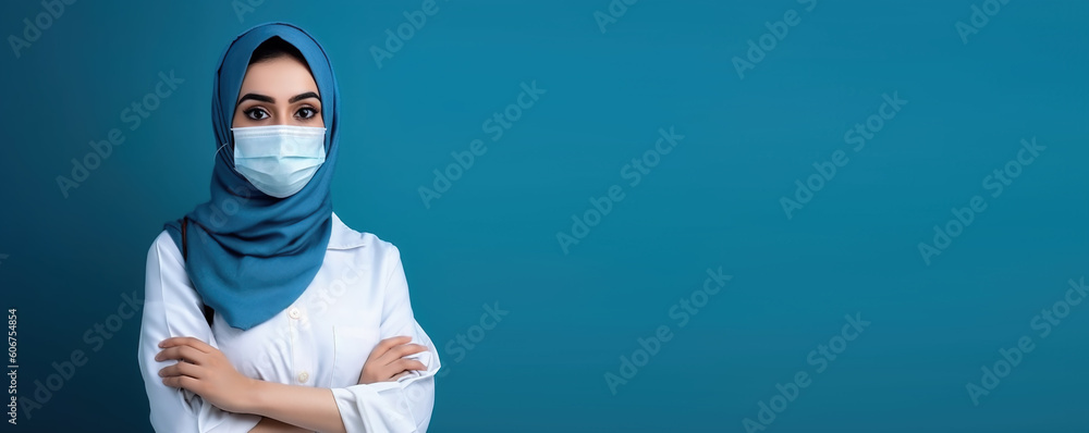 Doctor woman wearing a mask wearing muslim hijab standing over isolated blue background. Ai Doctor woman wearing a mask wearing muslim hijab standing over isolated blue background. Ai