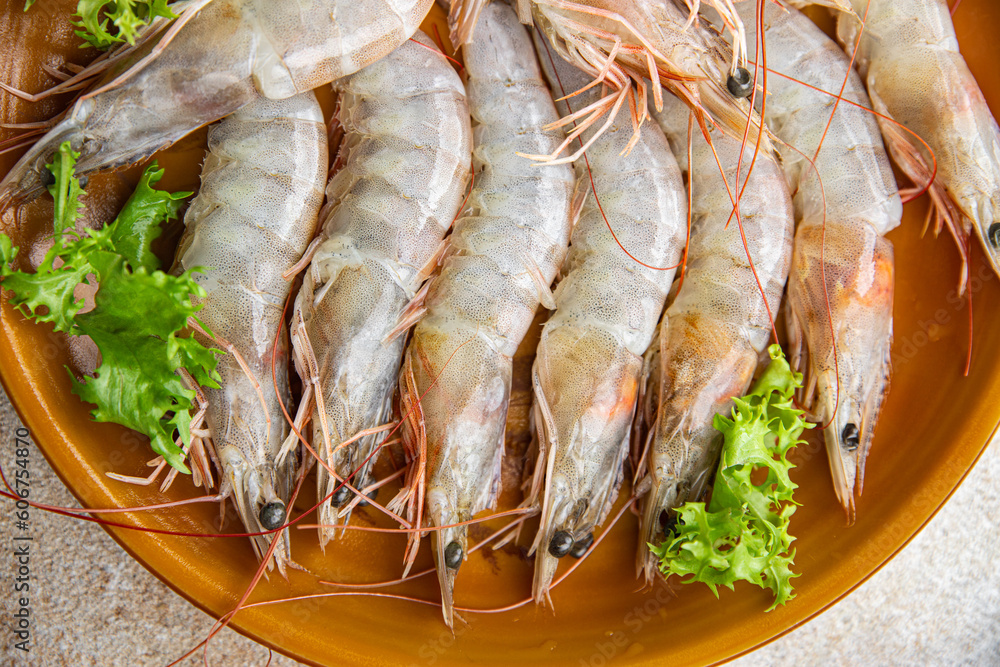 fresh shrimp raw prawn gambas seafood meal food snack on the table copy space food background rustic top view