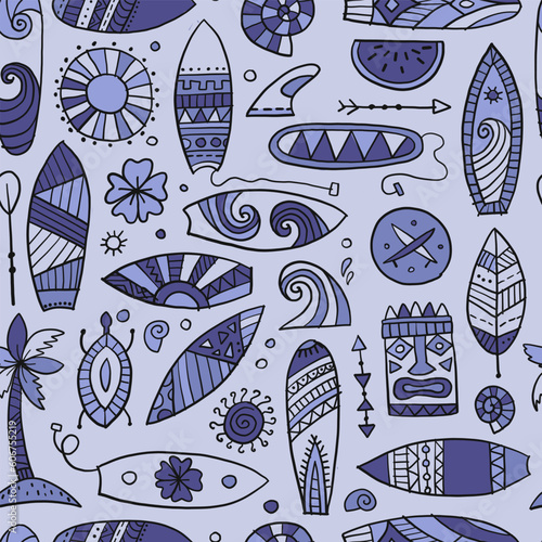 Surf boards collection, surfing time. Hawaii seamless pattern design for fabr...