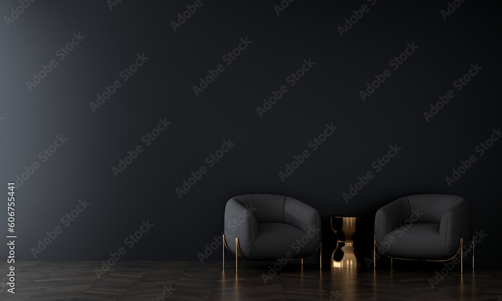 Fototapeta premium Modern cozy living room and black wall texture background interior design, modern sofa decor, parquet floor, 3D rendering