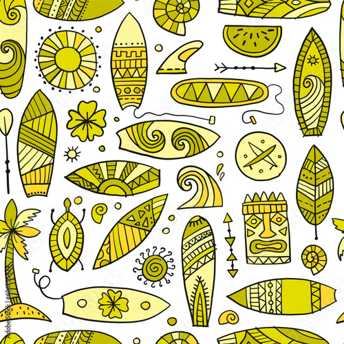 Surf boards collection, surfing time. Hawaii seamless pattern design for fabric, wallpapers etc. Vector illustration