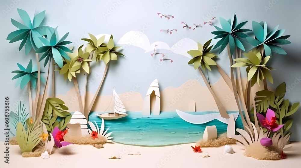 Obraz premium Paper craft illustration of Beautiful tropical island in the ocean with palm trees, sand beach, nature. Ai generative