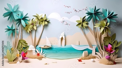 Paper craft illustration of Beautiful tropical island in the ocean with palm trees, sand beach, nature. Ai generative