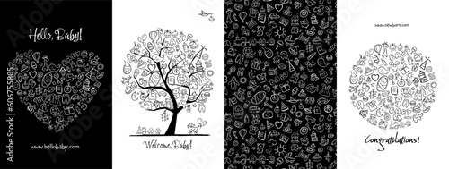 Newborn baby concept art collection. Birthday cards. Frame, heart shape, tree, background. Set for your design project. Vector illustration