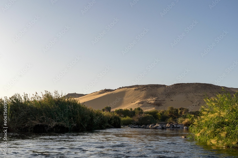 Beautiful landscape of Nile river near the desert on a sunny morning Beautiful landscape of Nile river near the desert on a sunny morning