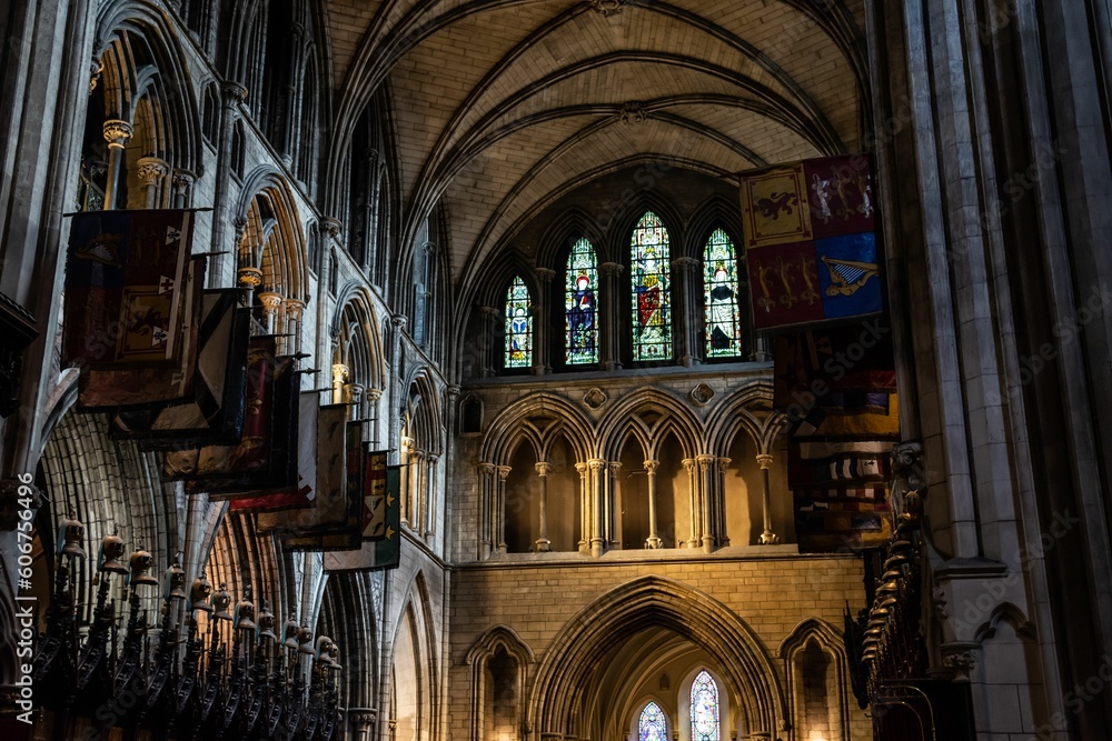 St Patrick's Cathedral with flags gothic and stained glass windows in Dublin, Ireland