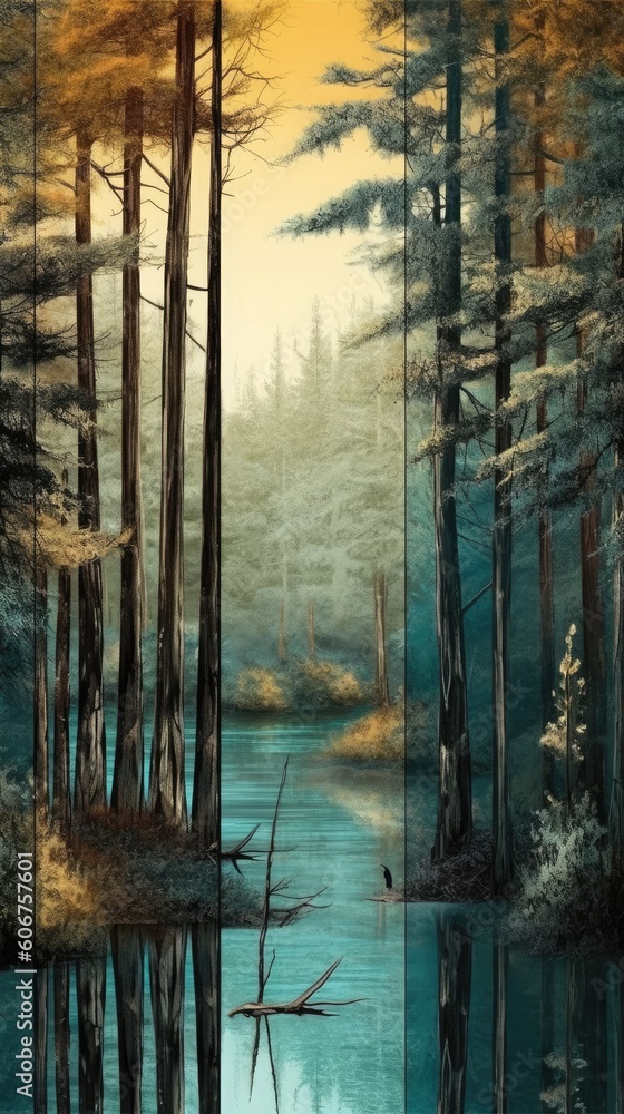 Obraz premium wallpaper of the painting shows a tree on the ridge Generative Ai