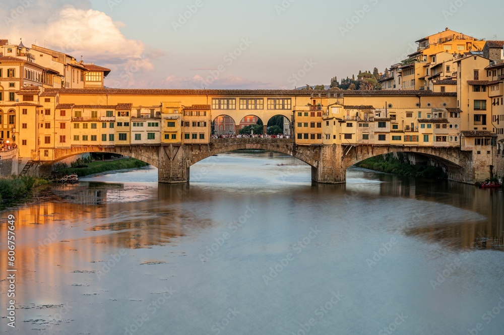 Beautiful view of the Old Bridge (Ponte Vecchio) over the Arno River in Florence, Italy