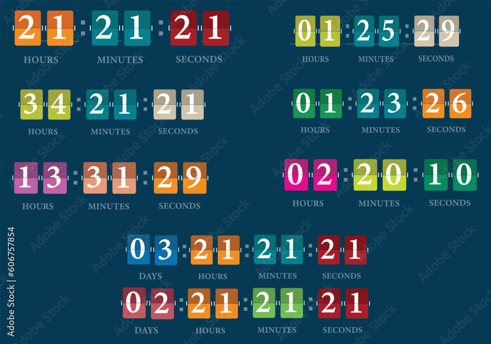 Countdown mechanical clock on digits board panel in flat style with different colors. Vector illustration. - obrazy, fototapety, plakaty 