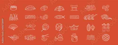 Japaneese Food and Traditions concept art. Menu restaurant. Sushi set. Icons ...