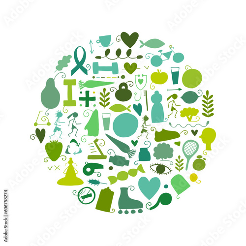 World health day. Green Concept art with healty lifestyle desing elements, ic...