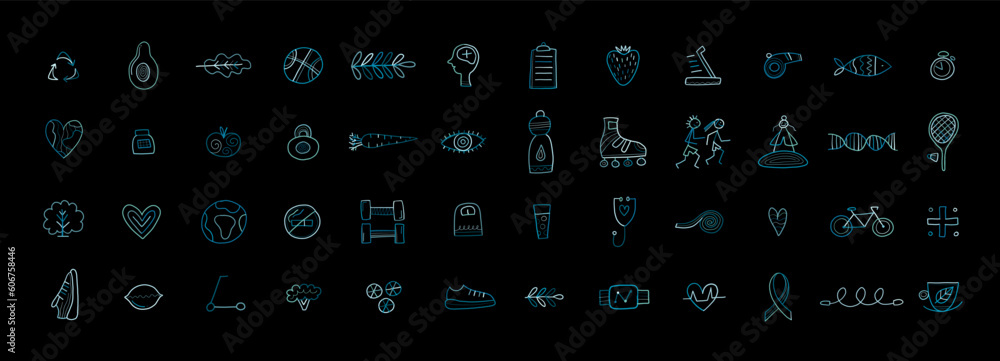 World health day. 48 icons design set for healty lifestyle. Vector illustration World health day. 48 icons design set for healty lifestyle. Vector illustration