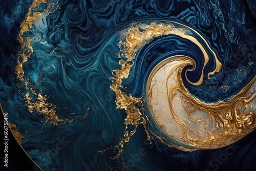An abstract painting with gold and blue colors, created with Generative Ai Technology © pham