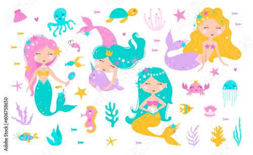 Cute set with mermaids, leaves, seashells, seahorse and fish. Sea life. Vector illustration