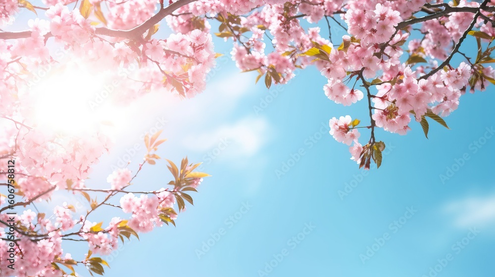 Frame of branches of blossoming cherry against background of blue sky and fluttering butterflies in spring on nature outdoors. Pink sakura flowers soft focus, dreamy romantic image of spring nature