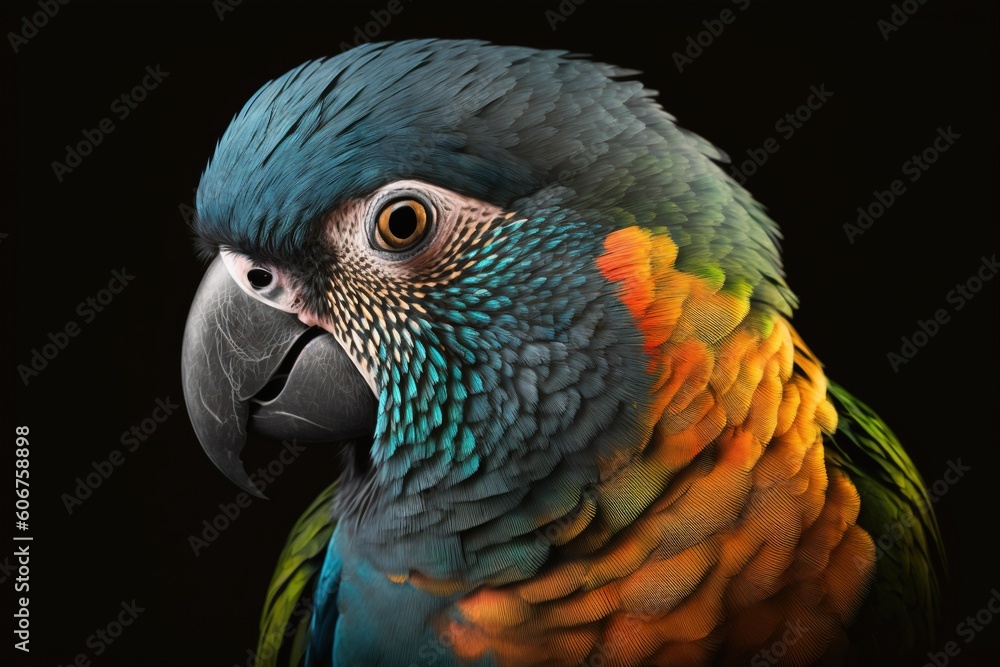 Obraz premium A close up of a colorful parrot on a black background, created with Generative Ai Technology