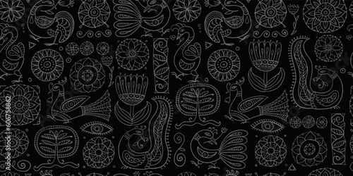 Magic fantasy birds and flowers. Vintage seamless pattern background for your...
