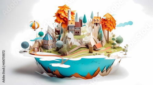 Landscape of fantasy whimsical island with forest and mountains  hot air balloon over the sea  paper craft art or origami style. Ai generative