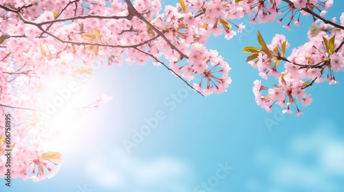 Frame of branches of blossoming cherry against background of blue sky and fluttering butterflies in spring on nature outdoors. Pink sakura flowers soft focus, dreamy romantic image of spring nature