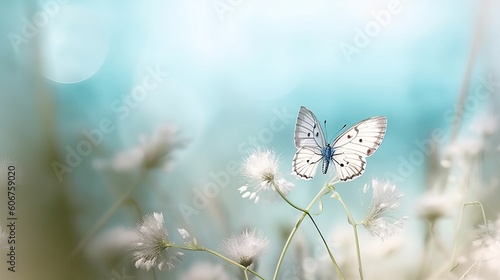 Gentle natural spring background in pastel blue colors. Wild meadow grass and light white butterfly on nature macro. Beautiful summer inspiring image nature